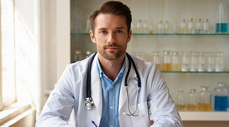 Токсиколог сидит в кабинете на фоне препаратов